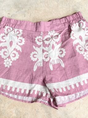 Umgee Pink Linen Blend Floral Pull On Boho Shorts Large